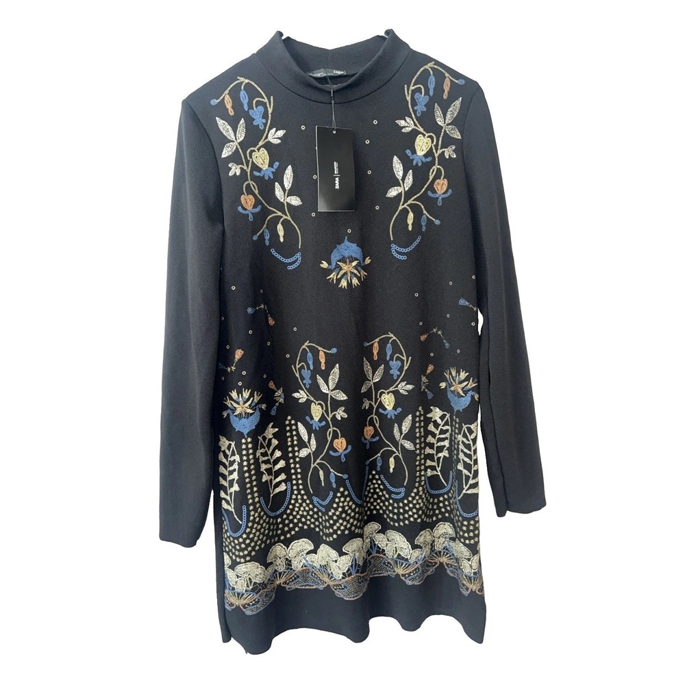 Zara Black Embroidered Floral Mini Shift Dress Long Sleeve Boho‎ Size Small-New